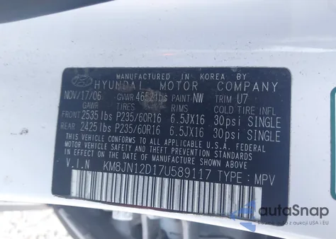 2007 Hyundai Tucson Limited/Se from USA, damaged, VIN KM8JN12D17U589117